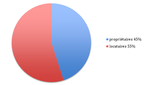 Un diagramme circulaire illustre la répartition de deux catégories : les « propriétaires » en bleu, représentant 45 %, et les « locataires », en rouge, représentant 55 %. Ces données sont cruciales pour tout Chasseur immobilier Paris 16 souhaitant comprendre la dynamique du marché immobilier.