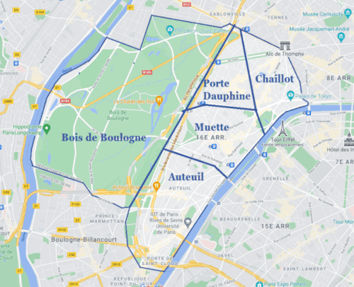 Une carte du 16ème arrondissement de Paris, France, parfaite pour un Chasseur immobilier Paris 16. Elle met en évidence des quartiers tels que le Bois de Boulogne, la Porte Dauphine, Chaillot, Muette et Auteuil. La Seine longe la limite est et les lieux remarquables incluent l'Arc de Triomphe et le Parc des Princes.