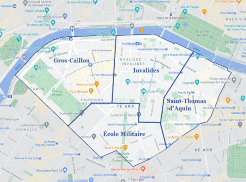 Un plan de Paris représentant le 7ème arrondissement, marqué de bordures bleues. Des quartiers notables tels que Gros-Caillou, Invalides, École Militaire et Saint-Thomas d'Aquin sont labellisés. Les routes et points de repère clés sont également visibles pour les personnes intéressées par les services du Chasseur d'appartement Paris 7.
